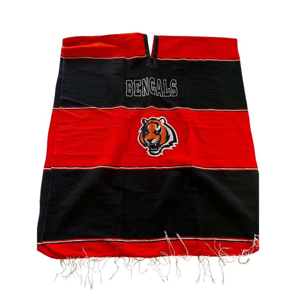 NFL Cincinnati Bengals Woven Poncho Striped Embroidered Logo Black Orange Fringe